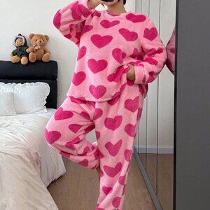 Pink Cozy Heart Women's Print Plus Size Long Sleeve Cute Sleep Wear Pajama Set